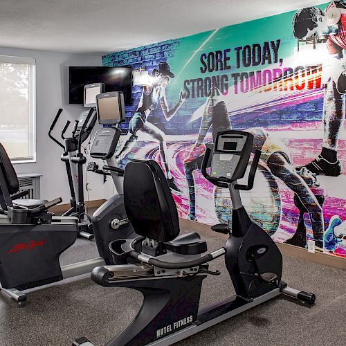 A small fitness room with exercise bikes and ellipticals, a motivational mural on the wall, and a window letting in natural light ends the sentence.